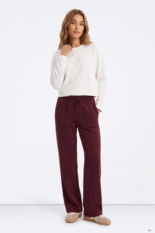 Pantalón Tipo Chandal Cintura Elastica Ancho Caida Burdeos 1