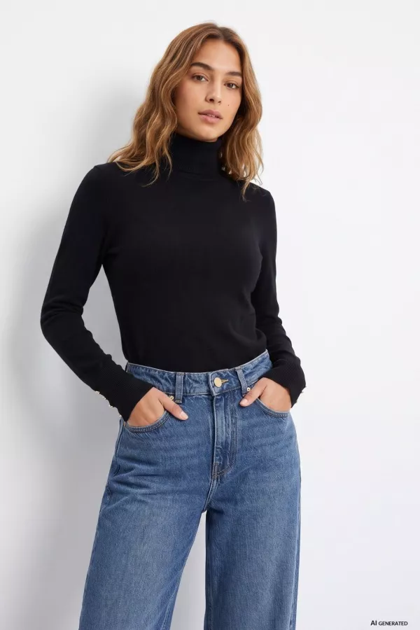 Vega Jersey Basico Punto Fino Cuello Vuelto Negro